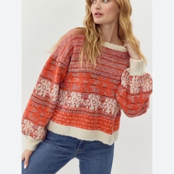 Bunulu XL Soft Mixed Media Electric Floral Stripped Boho Balloon Sleeves Sweater - Picture 1 of 8